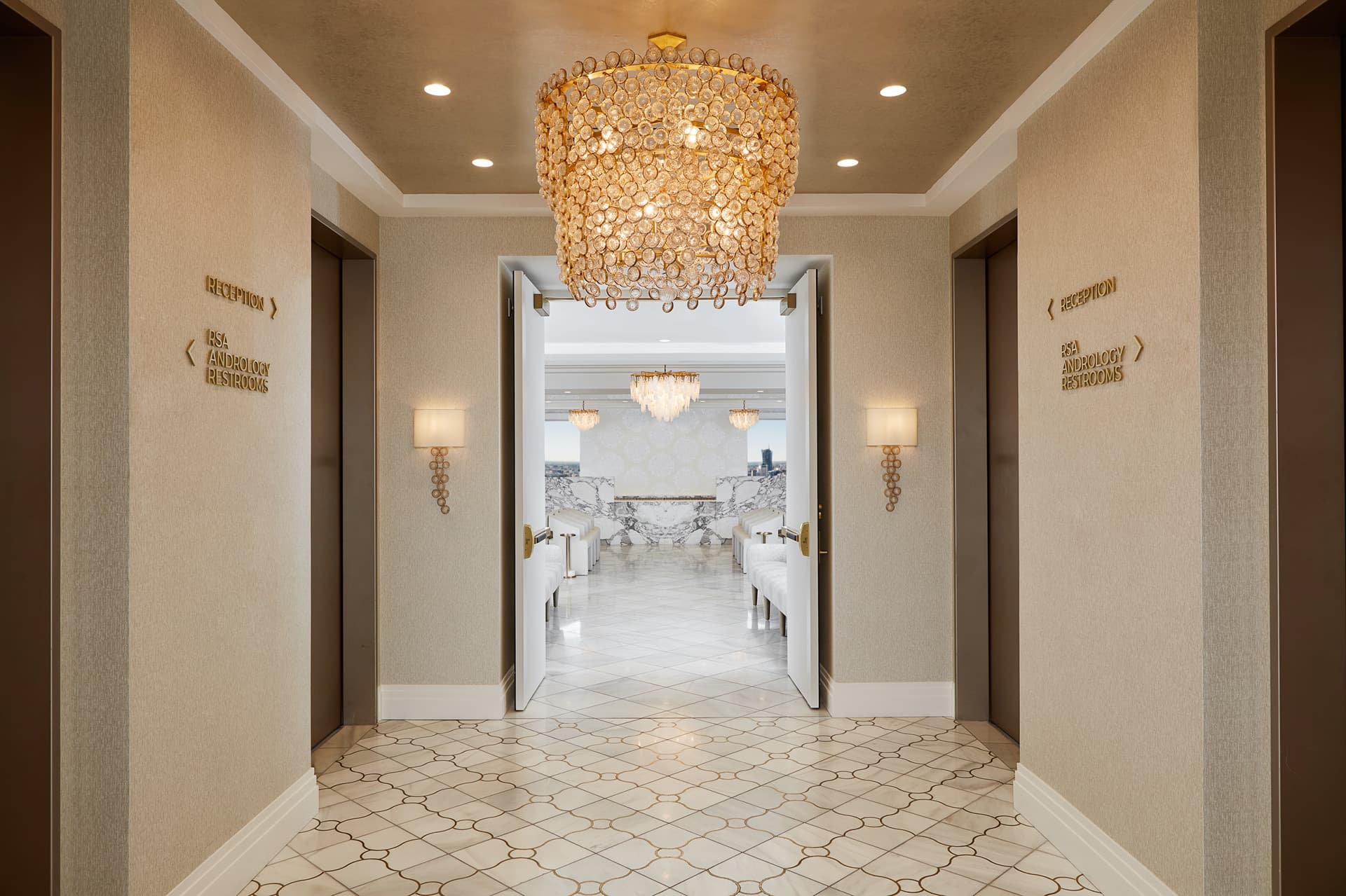 HRC: A polished commercial interior of marble, brass, and ceremony.