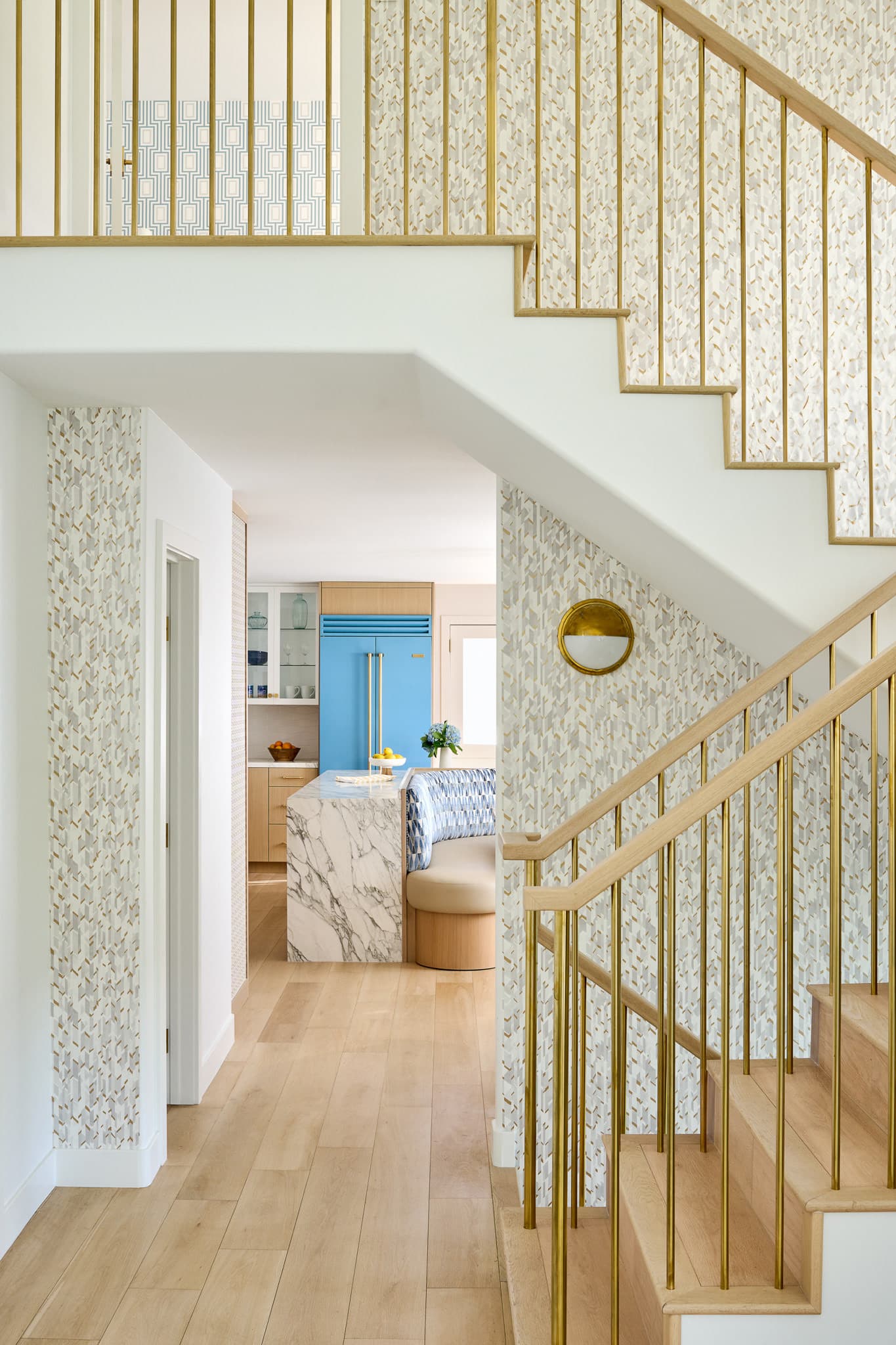 Long Beach: Brass railings, soft wallpaper, and a marble waterfall heart.